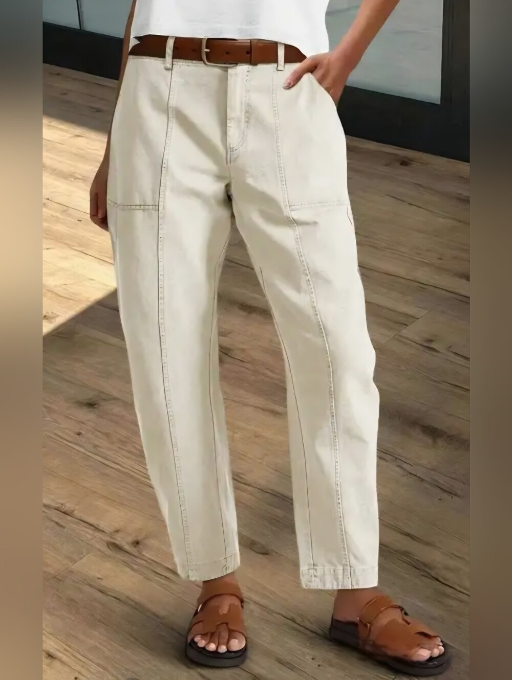 Flamingals Solid Stitch Detail Mid Waist Barrel Leg Crop Pants Beige Medium NWT